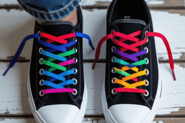 Colorful laces on black sneakers with 7 holes, demonstrating a unique lacing pattern.