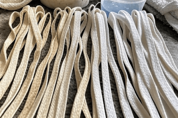 A comparison of fabric strips showing before and after whitening results, with some strips appearing beige and others white, alongside a container and towels.