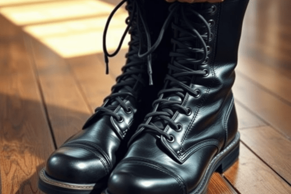 Black leather boots featuring a criss-cross lacing technique, placed on a wooden floor.