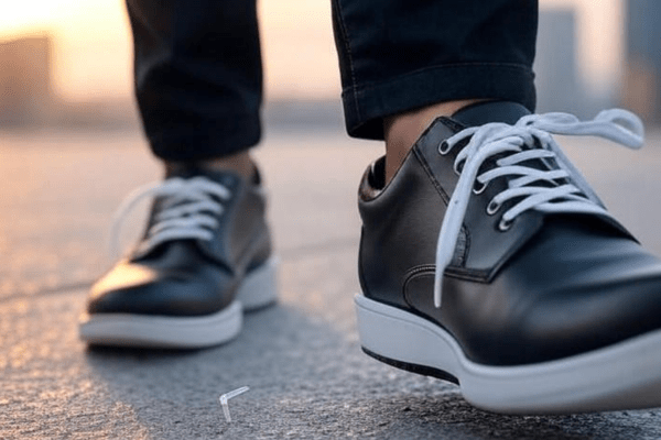 A man wearing stylish black shoes with clean white shoelaces, standing confidently on a beautifully lit background, with one shoelace repaired at the tip using a small plastic straw, perfect for a DIY tutorial.