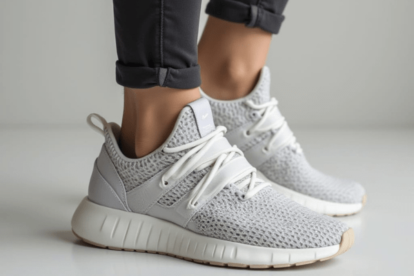 A close-up of Nike shoes with laces styled in a no-tie method, demonstrating the "How to Lace Nike Shoes Without Tying" technique on a sleek gray pair.