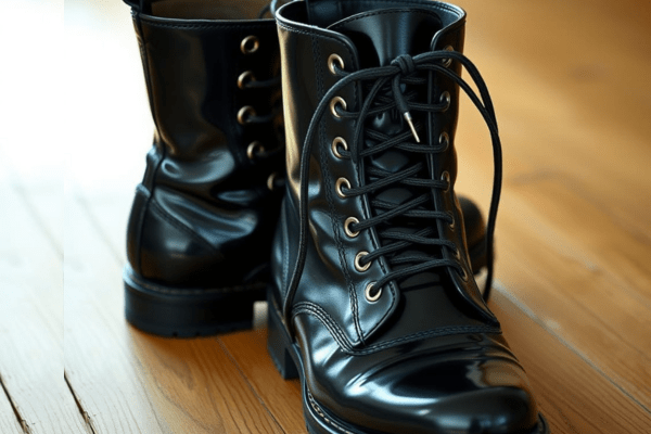 Black jump boots with straight bar lacing style on a wooden floor.