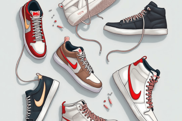 A collection of Nike shoes featuring various stylish and trendy lacing options, showcasing colorful laces and unique designs against a clean background.