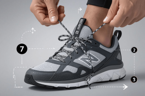 A gray sneaker with 7 eyelets being laced using a tight lacing method, with numbered steps and hands adjusting the laces.
