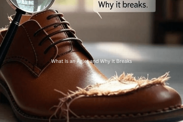 A close-up of a stylish brown shoe with a frayed aglet, magnified by a glass, set against a bright background, with text explaining "What is an Aglet and Why It Breaks.