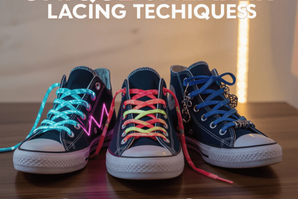 Three blue sneakers with unique lacing techniques, featuring neon and colorful laces, displayed on a wooden surface.
