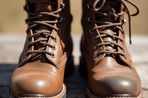 Close-up of brown leather boots with tightly laced boot laces