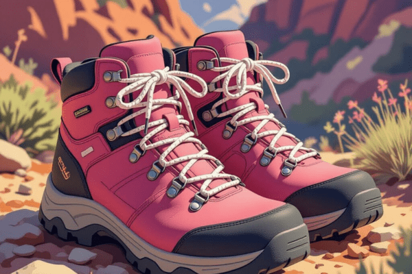 Pink hiking boots with round laces on a rocky outdoor trail.