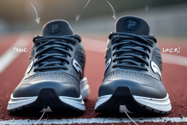 A pair of dark blue running shoes with the "Wokey-Lacing" technique, featuring heel lock lacing for better fit and stability.
