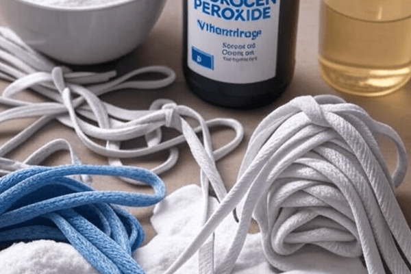 A setup with white and blue shoelaces, baking soda in a bowl, a hydrogen peroxide bottle, and a jar of dish soap solution, showcasing alternative whitening methods.