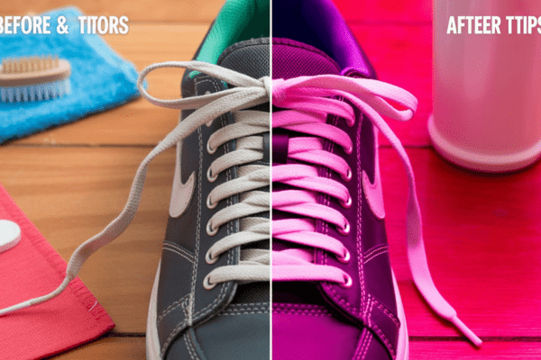 Side-by-side comparison of a sneaker with dirty shoelaces on the left and clean, bright shoelaces on the right, demonstrating before and after lace cleaning results.