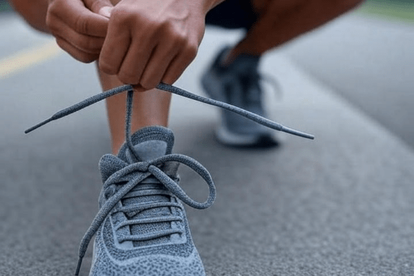 Runner tying shoelaces tightly to form a secure double knot for long-lasting hold.