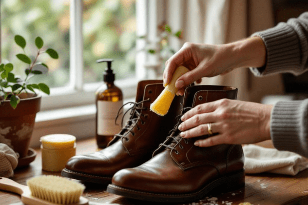 A person brushing and cleaning leather boots with a brush, surrounded by boot care products on a wooden table.