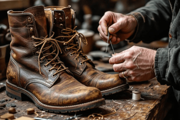 Hands repairing worn leather boot laces with a needle and thread on a cluttered wooden workbench.