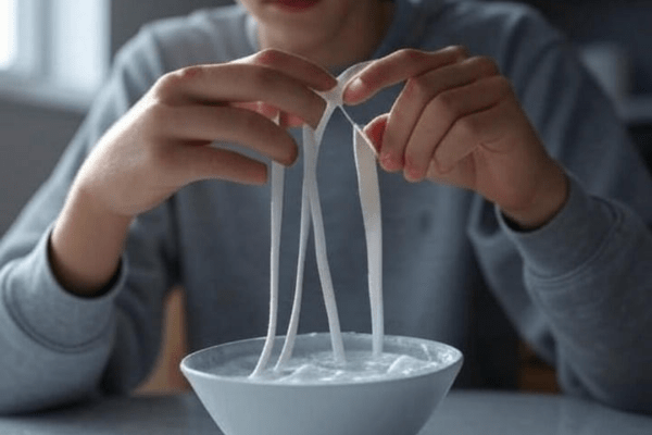 Hands lifting white shoelaces from a bowl after soaking—illustrating the process of bleaching shoelaces safely.