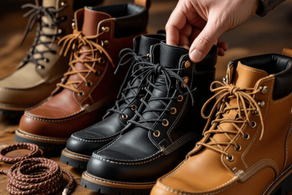 Different styles of boots with various boot laces and a hand choosing one