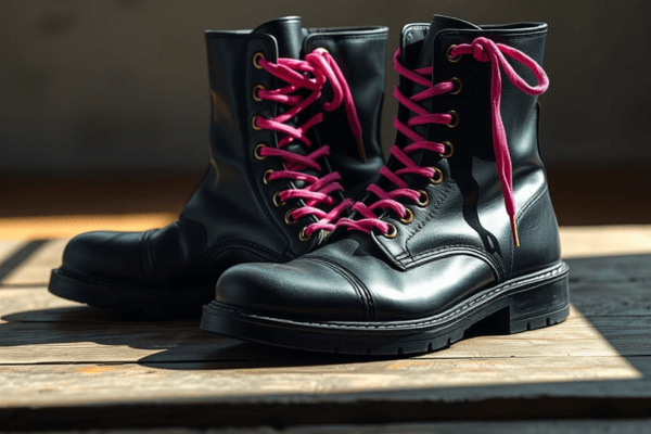Black jump boots with bright pink laces showcasing lace selection contrast