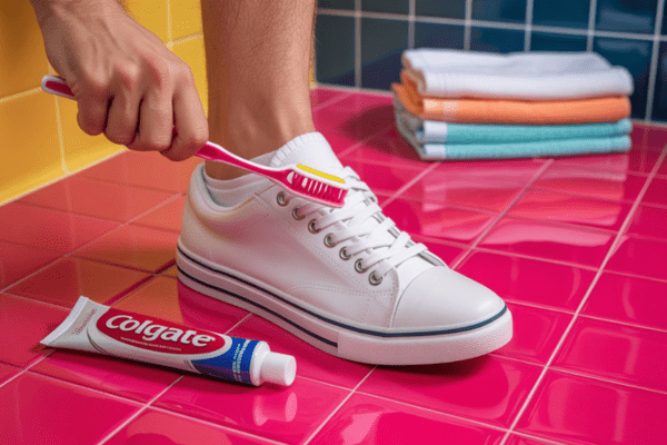 A person cleaning white shoelaces on a sneaker using a toothbrush and Colgate toothpaste without removing the laces on a colorful tiled bathroom floor.