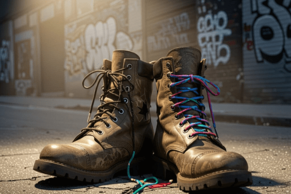 A pair of combat boots with different lacing styles, one with traditional black laces and the other with colorful laces, set against a graffiti-covered urban background.