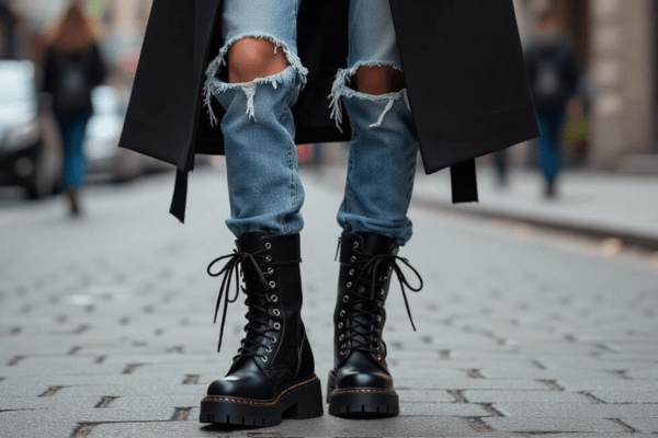 Person wearing black combat boots with ripped jeans and a long coat on a city street