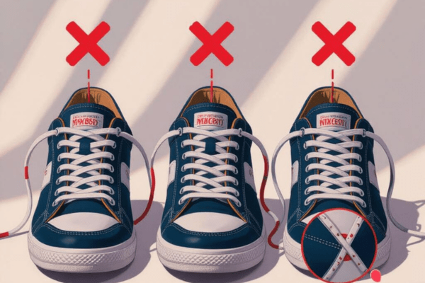 Three sneakers showing incorrect ways to shorten or lace elastic shoelaces, each marked with red Xs.