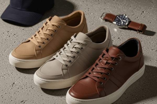 Three stylish men’s sneakers with cool lacing styles in brown, beige, and tan colors