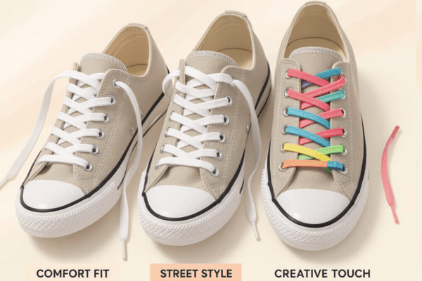 Three sneakers showing different lacing styles: comfort fit, street style, and creative rainbow laces