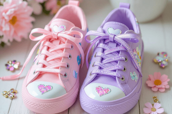 Pink and purple girls' sneakers with cute heart designs and trendy lacing styles