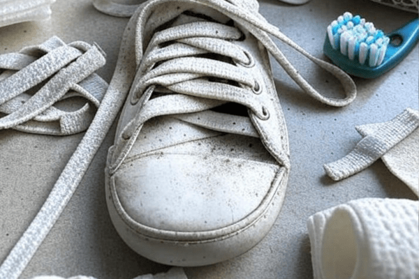 A dirty white shoe with laces surrounded by cleaning materials, including an old toothbrush, towel, and extra laces, questioning the impact of bleach.
