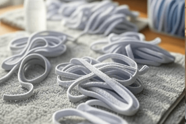 Clean white shoelaces laid out on a towel with a spray bottle and storage container nearby, illustrating drying and aftercare methods.