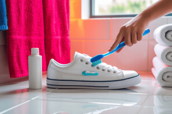A person using a blue toothbrush to clean a white sneaker with cleaning solution in a bright bathroom, illustrating easy cleaning for everyday use.