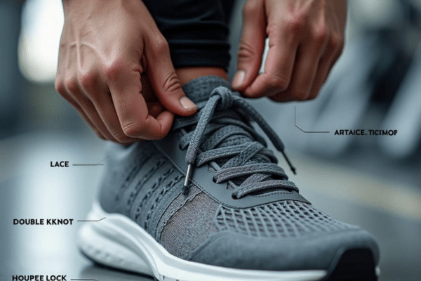 Hands tying a double knot on athletic sneakers with labeled lace features, showing extra tips to prevent laces from coming undone.