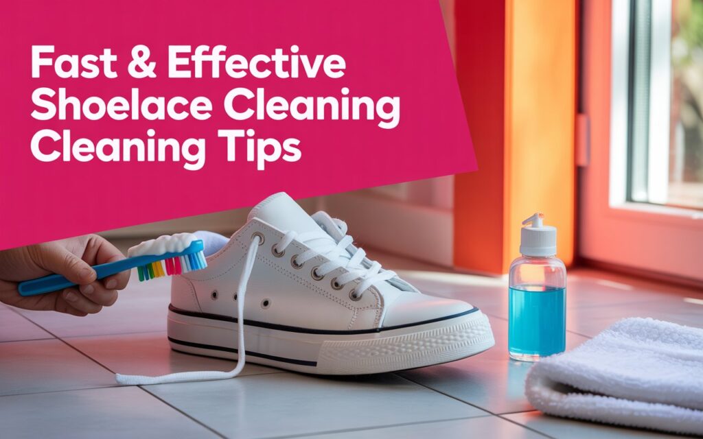 A person cleaning white shoelaces on a sneaker with a toothbrush and cleaning solution, with a towel and soap bottle nearby, under the heading “Fast & Effective Shoelace Cleaning Tips.”