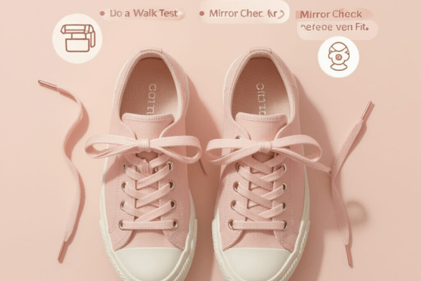 Pink sneakers with neatly tied laces, surrounded by icons representing final checks like walk tests and mirror checks.