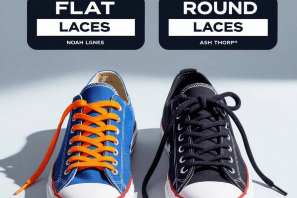Two sneakers placed side by side, one laced with flat shoelaces and the other with round shoelaces, highlighting the visual and functional contrast between both lace styles.