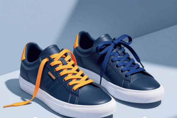 Comparison of flat orange laces and round blue laces on sports shoes, exploring which is better for athletic use.