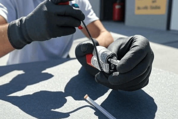 A person wearing heat-resistant gloves using a lighter to fix a shoelace with a plastic straw on a flat outdoor surface, with safety icons and a fire extinguisher in the background.