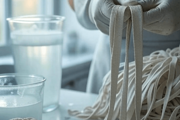 A person wearing rubber gloves holding white shoelaces over a table, with glass containers of water and bleach nearby.