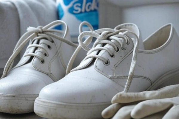 A pair of white shoes with dirty laces placed on a towel, next to a bottle of bleach and rubber gloves.