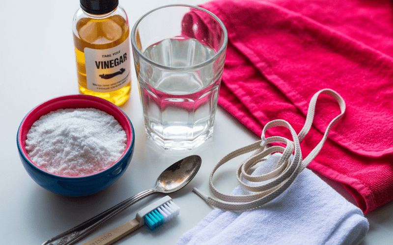 Cleaning white shoelaces with baking soda and vinegar setup including a toothbrush, water glass, vinegar bottle, white towel, and dirty laces.