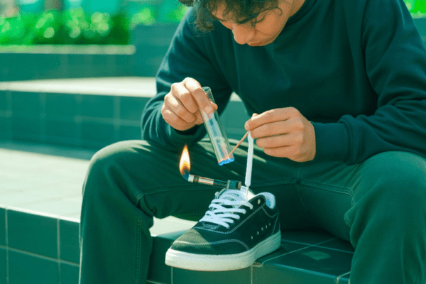 Boy using a plastic straw and lighter to fix frayed white shoelaces on black sneakers.