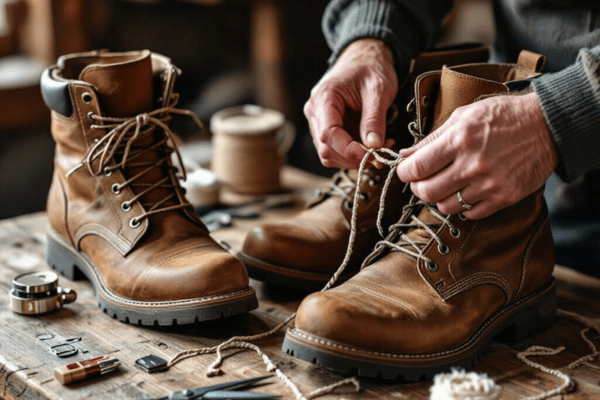 Hands lacing brown leather boots on a wooden table with tools and new boot laces.