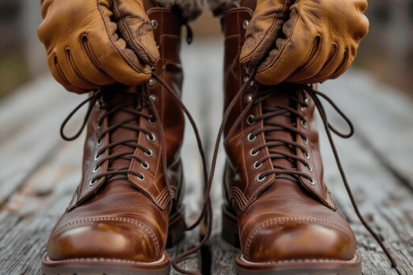 Close-up of gloved hands threading fresh laces through rugged brown leather boots on a rustic wooden surface.