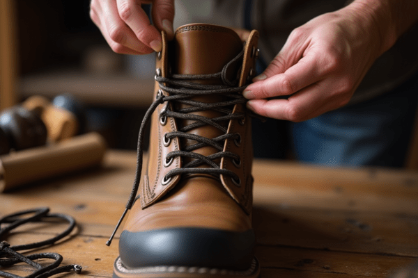 Person replacing boot laces on a rugged leather boot, step-by-step process