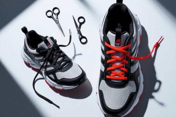 Two athletic shoes side by side—one with long, loose laces and the other with neatly shortened laces, surrounded by scissors to show the lace trimming process.