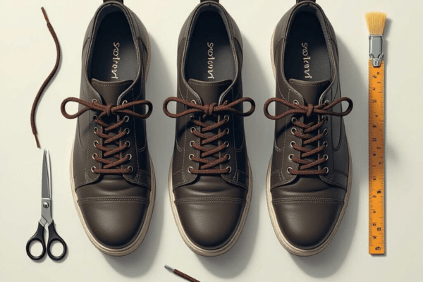 Three shoes showing the process of shortening elastic laces, with scissors, a ruler, and lace tips displayed step-by-step