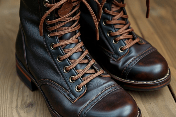 Ladder lacing technique on dark leather jump boots with brown laces
