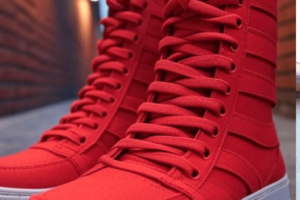 Red high-top sneakers featuring a bold and secure ladder lacing pattern.
