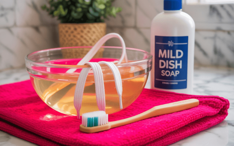 White shoelaces dipped in warm, soapy water for a simple daily clean, with a toothbrush and dish soap bottle placed nearby.