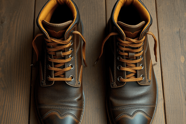 Over-under lacing on brown leather boots with contrast laces